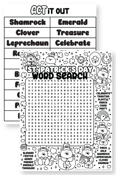 It's a printable St. Patrick's Day word search coloring page and "Act It Out" charades game for kids, featuring cute leprechaun teddy bears, rainbows, and shamrocks.
