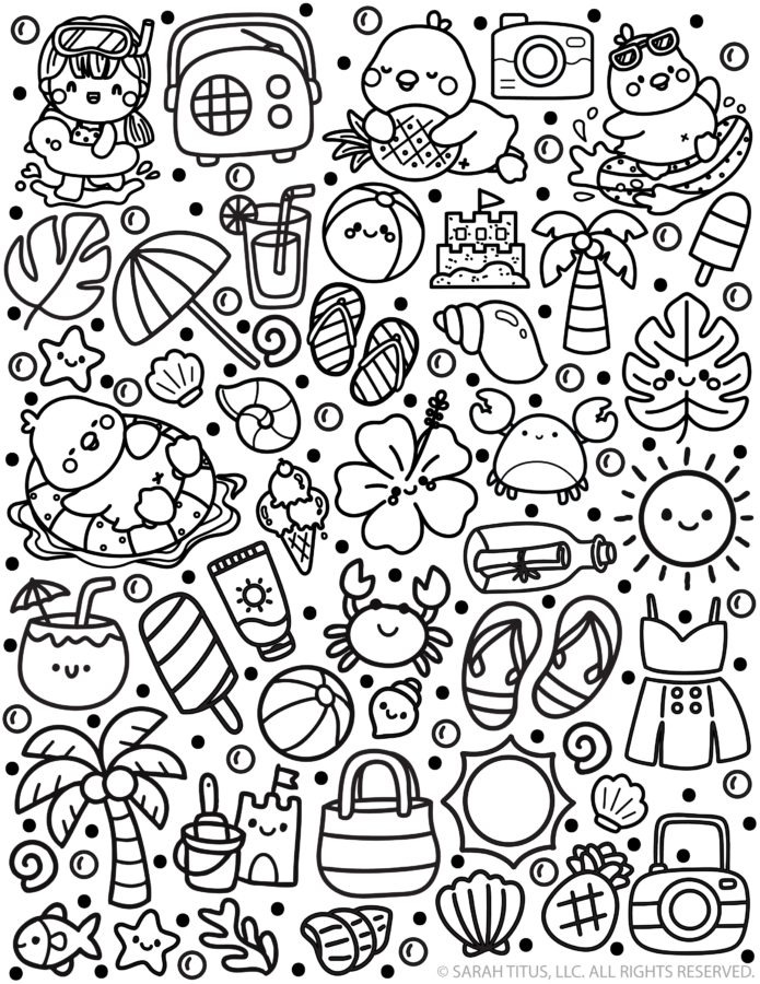 Summer coloring stickers with cute beach doodles, tropical icons, sunshine, ice cream, and fun summer elements printable.