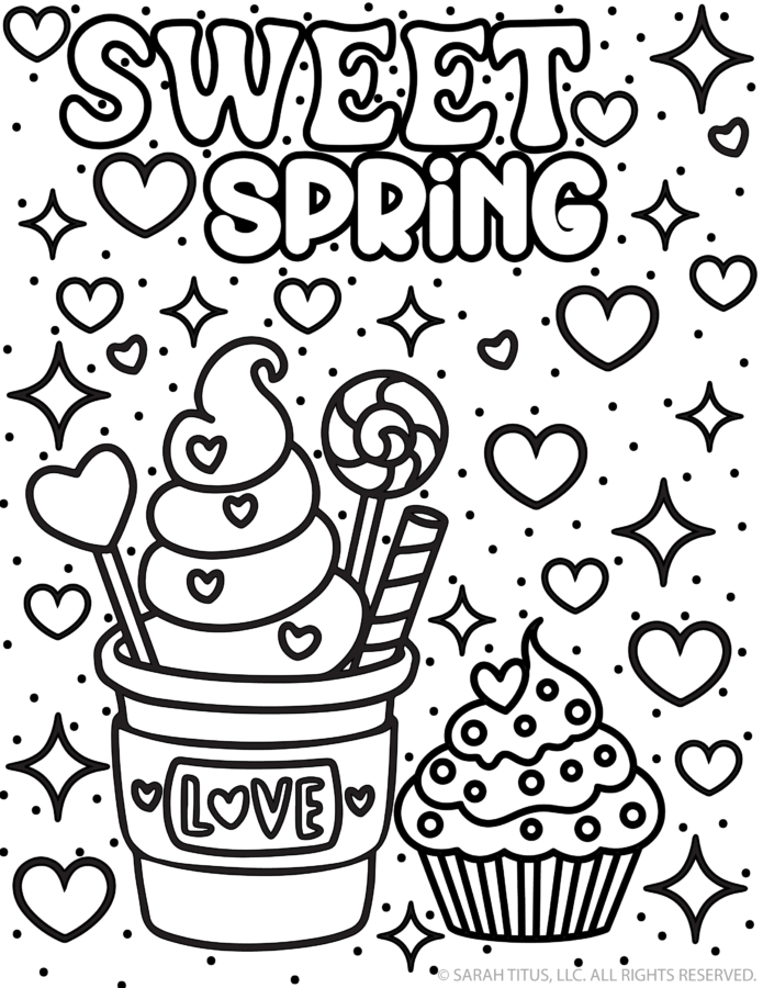 sweet spring coloring page with ice cream cup, lollipop, cupcake, hearts, and sparkles