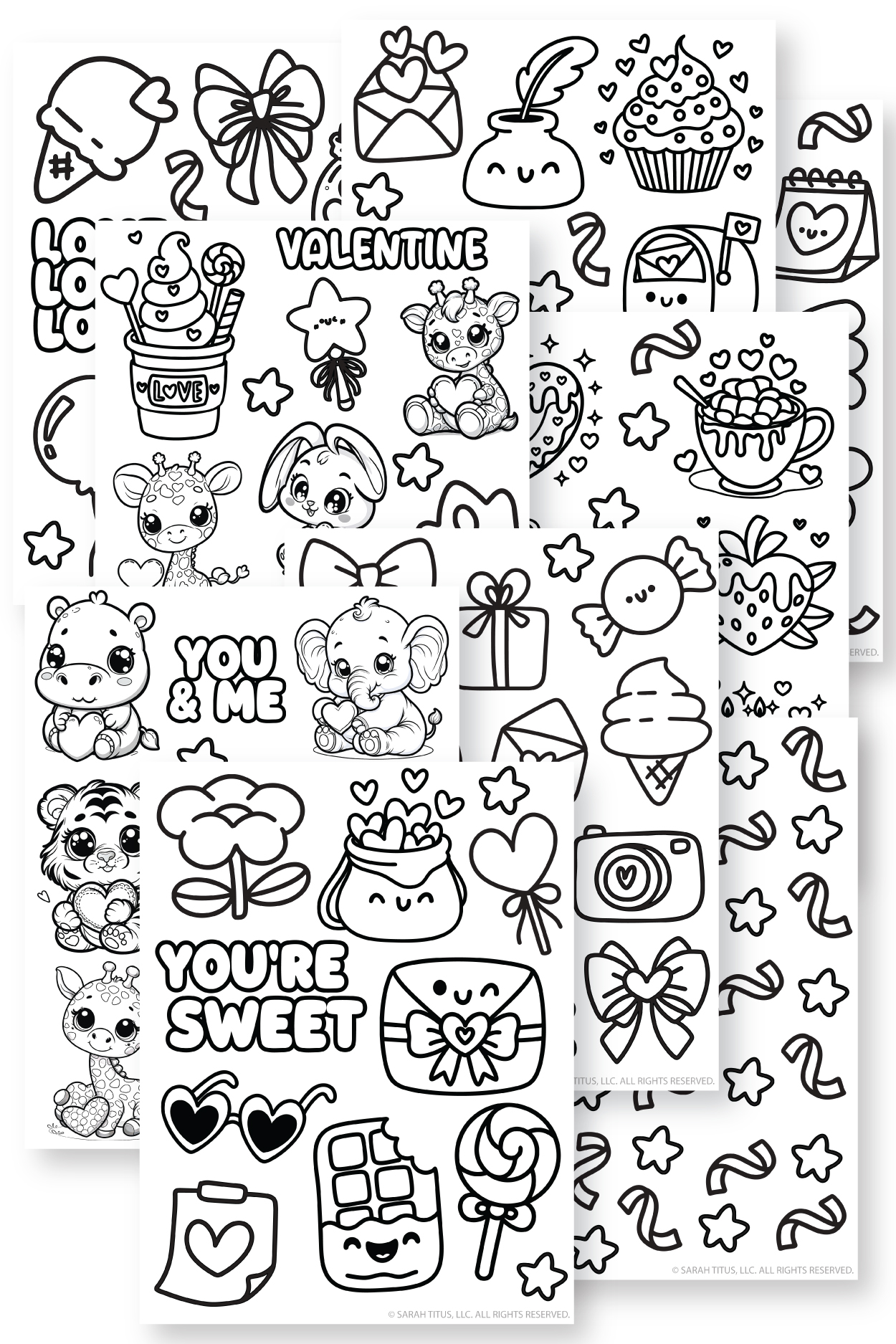 Featured image showing all pages in the Valentine box decorations printable kit with black and white colorable stickers and cutouts for decorating a classroom Valentine box.