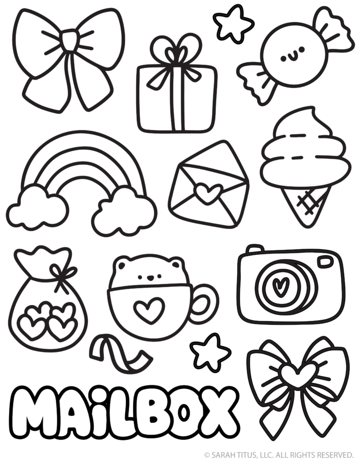 Valentines Day Box Decorations For Kids: printable Valentine mailbox decorations to color with mailbox word, rainbow, candy, gift, envelope, ice cream cone, camera, heart jar, bear mug, bows, and stars.