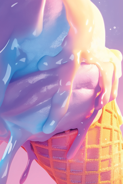 Neon pastel melting ice cream cone in pink, blue, purple, and yellow summer colors.