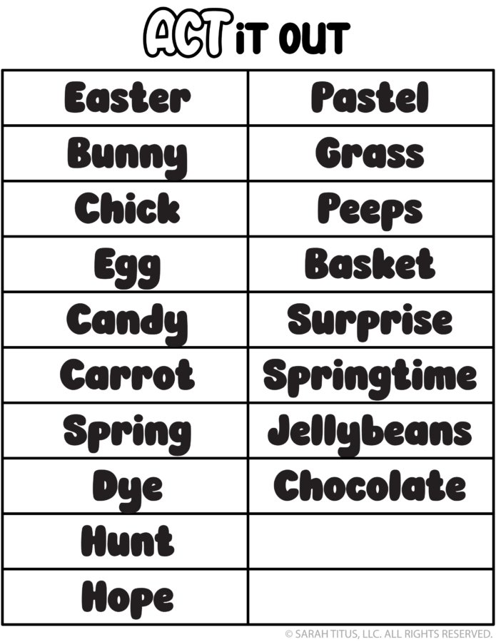 This Easter charades game printable's titled "Act It Out". It includes a grid of holiday words like bunny, candy, and chocolate for a fun family activity.