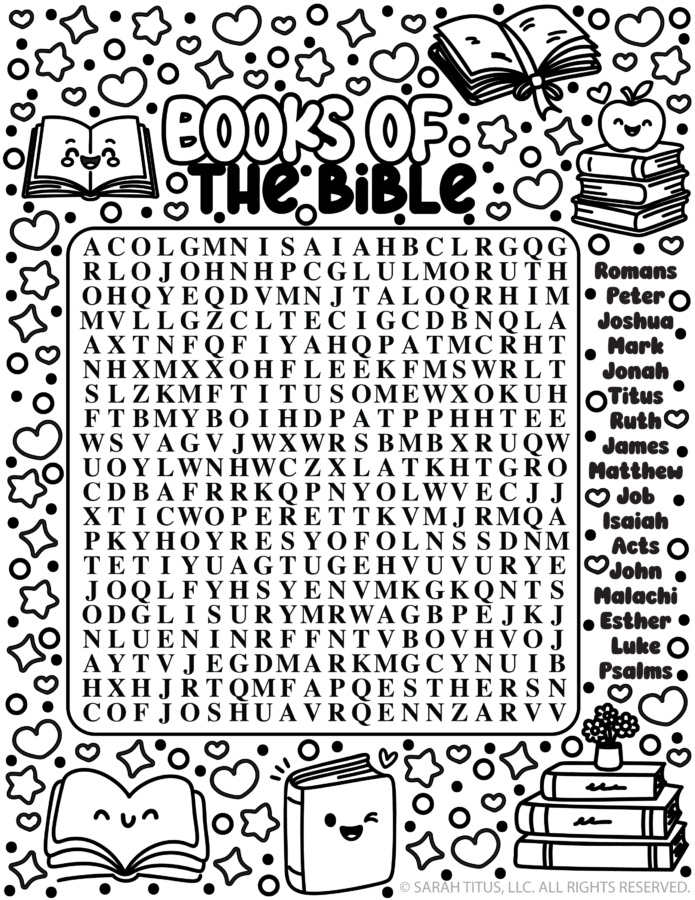 Books of the Bible word search printable with book names list and cute book-themed doodles for kids.