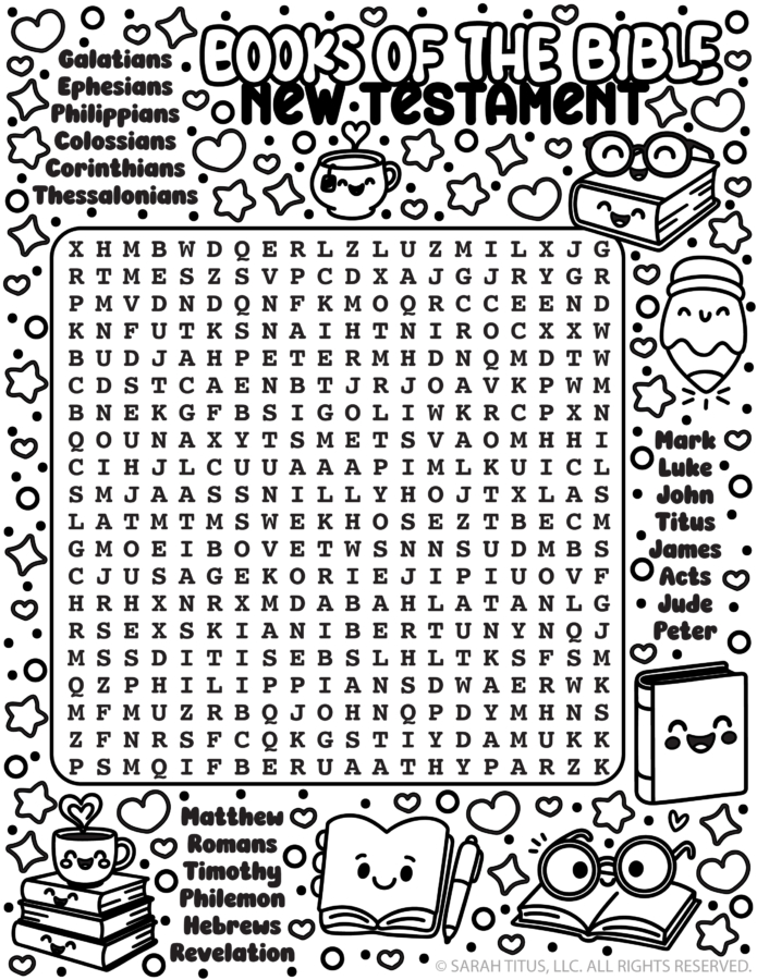 Books of the Bible New Testament word search printable with Bible book names and fun reading-themed doodles.