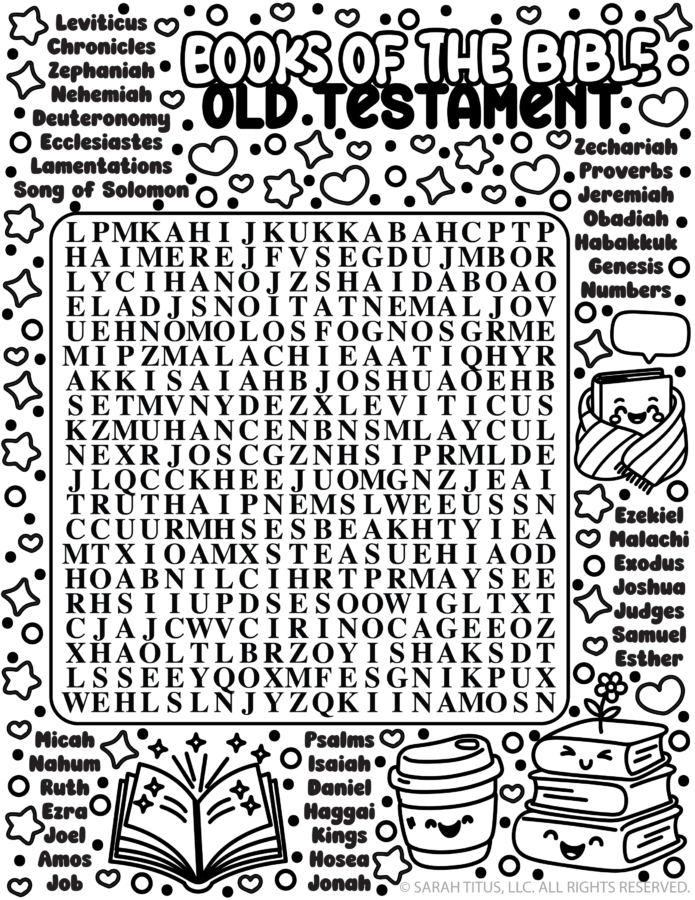 Books of the Bible Old Testament word search printable with Bible book names and cute book and study doodles.