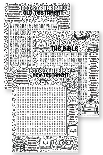 Free Books of the Bible word search printables including Old Testament, New Testament, and full Bible word search puzzles with book names and cute doodles.