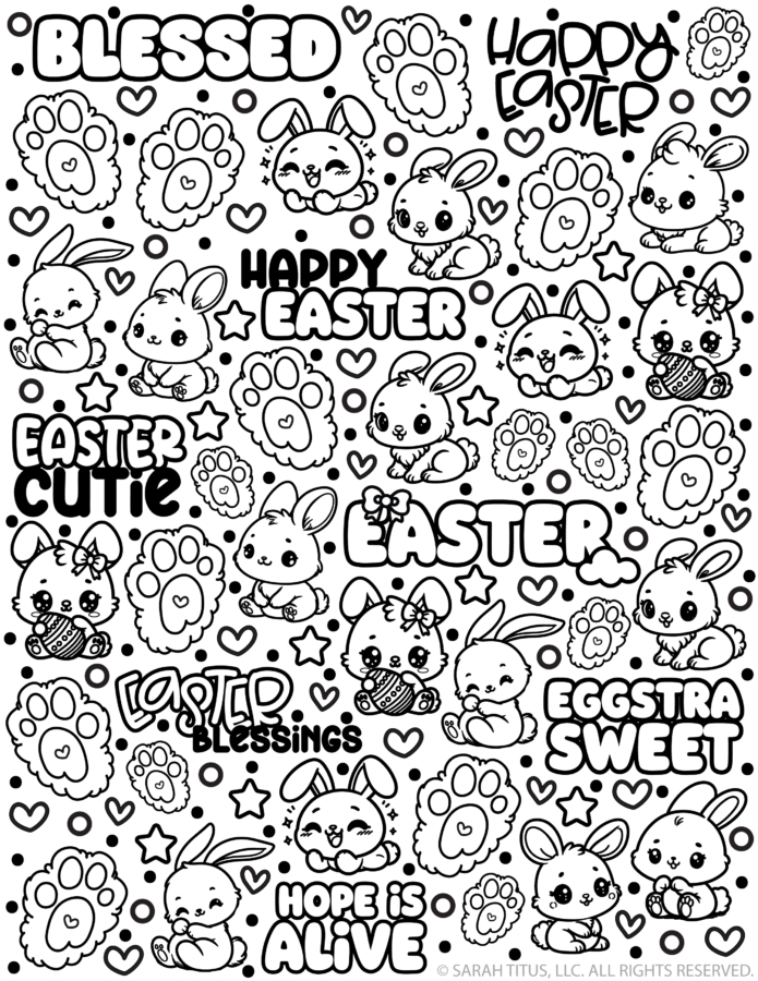 Black and white kawaii Easter coloring sticker sheet filled with cute bunny characters, fluffy paw prints, hearts, stars, dots, and playful phrases like Blessed, Happy Easter, Easter Cutie, Eggstra Sweet, Easter Blessings, and Hope Is Alive.