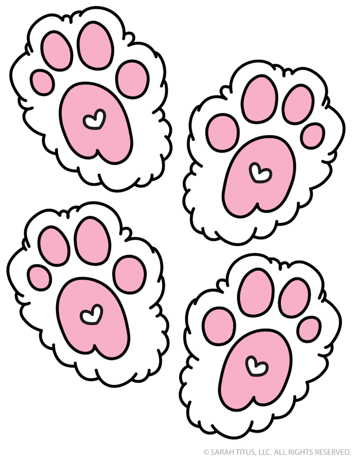 Large bunny tracks printable featuring cute pink paw prints for Easter decorations, crafts, or scavenger hunts.