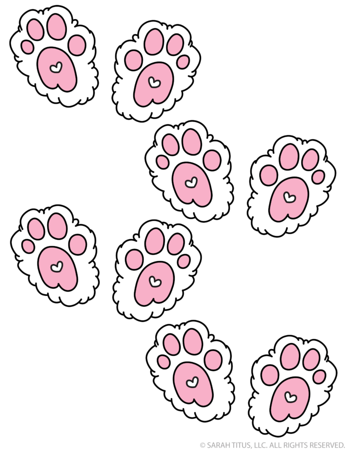 Small bunny tracks printable with multiple cute pink paw prints for Easter trails, crafts, and festive decorations.