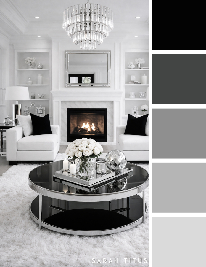 Elegant white living room with a marble fireplace, crystal chandelier, black round coffee table, silver decor, and black accent pillows in a black, white, gray, and silver palette.
