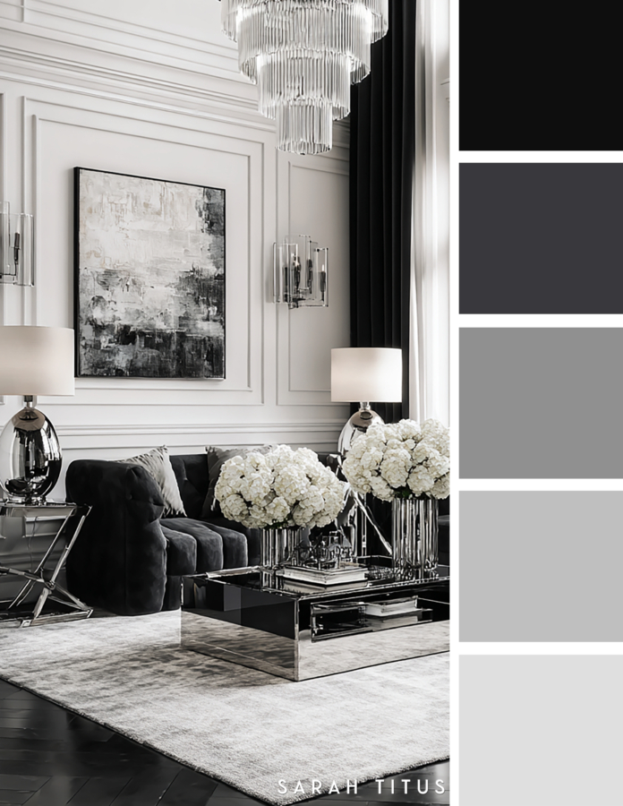 Upscale black and white living room with a dark velvet sofa, silver mirrored coffee table, white hydrangeas, chrome lamps, and abstract wall art in a gray and silver palette.