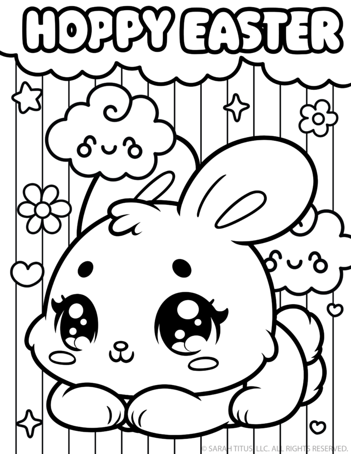 Cute kawaii Happy Easter bunny coloring page with big sparkling eyes, smiling clouds, flowers, stars, and a striped background.