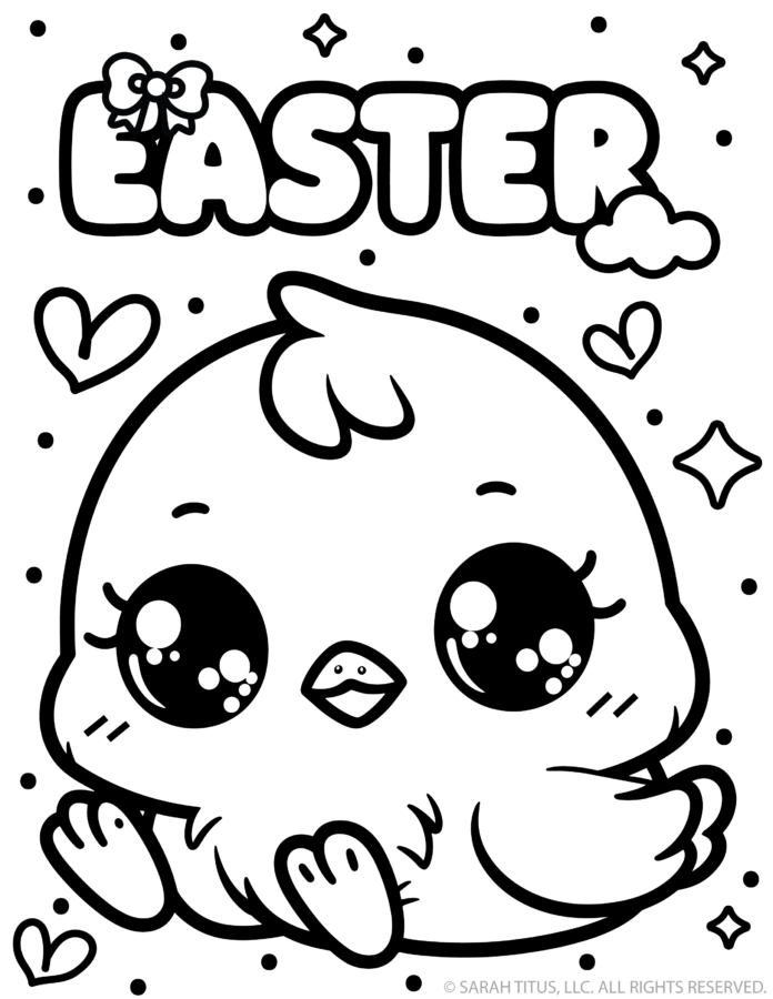Cute kawaii Easter chick coloring page with big sparkling eyes, bow on the word Easter, hearts, clouds, and tiny dots.