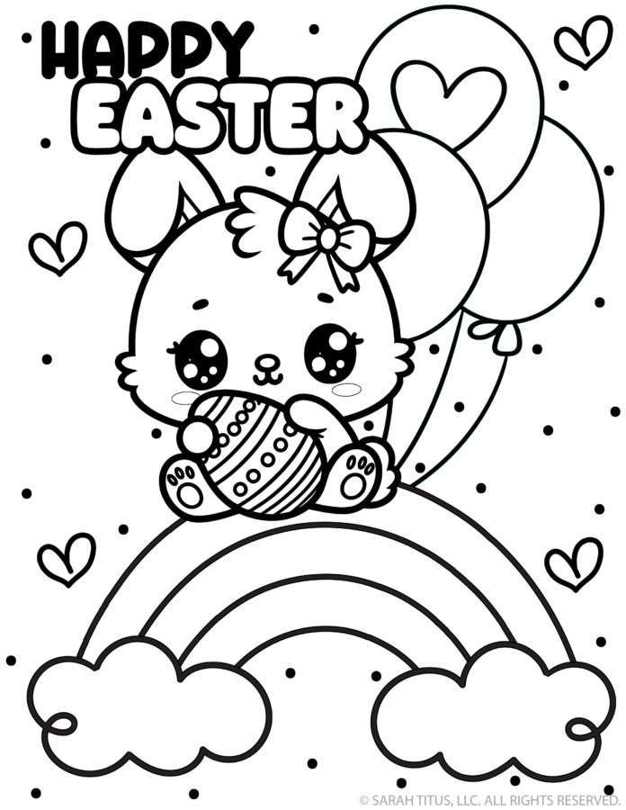 Cute kawaii Happy Easter bunny coloring page with a bow, decorated Easter egg, rainbow, balloons, hearts, and polka dot background.