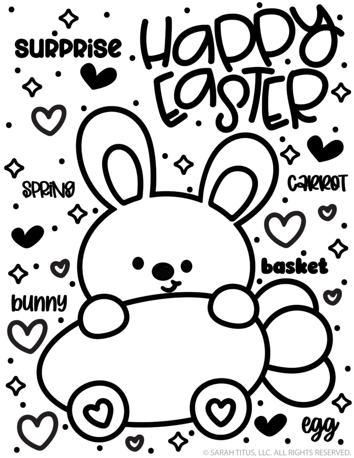 Cute kawaii Happy Easter bunny coloring page with hand lettered spring words, hearts, stars, Easter eggs, and a bunny peeking over a large carrot.