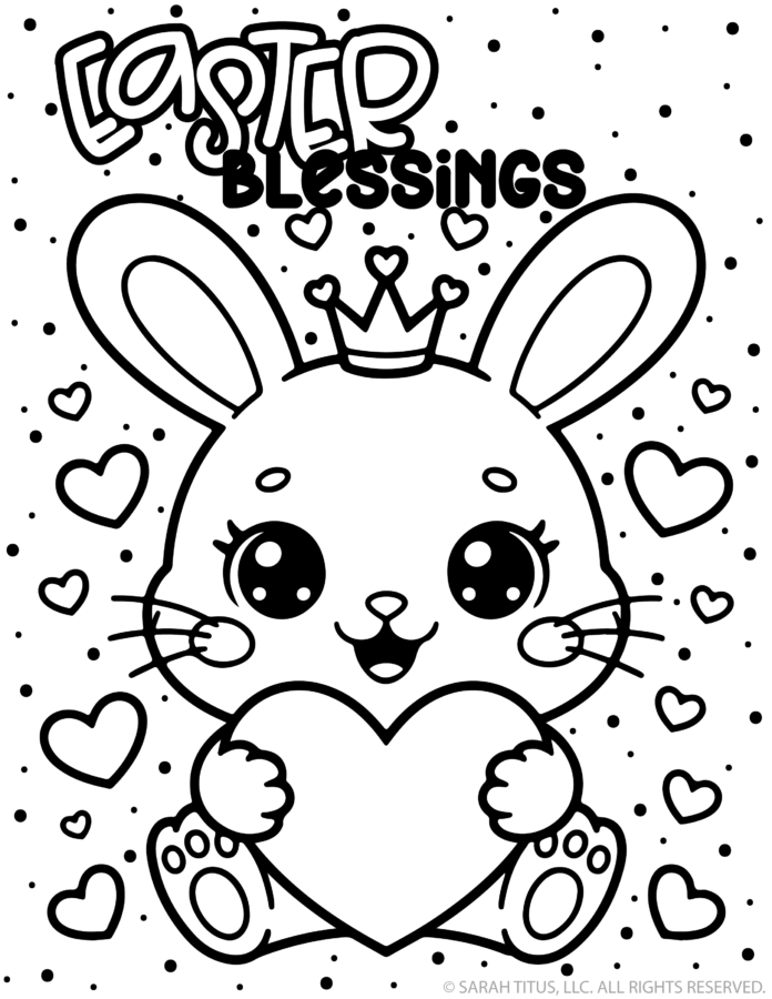 Cute kawaii Easter blessings bunny coloring page with a crown, hearts all around, and a bunny holding a large heart.