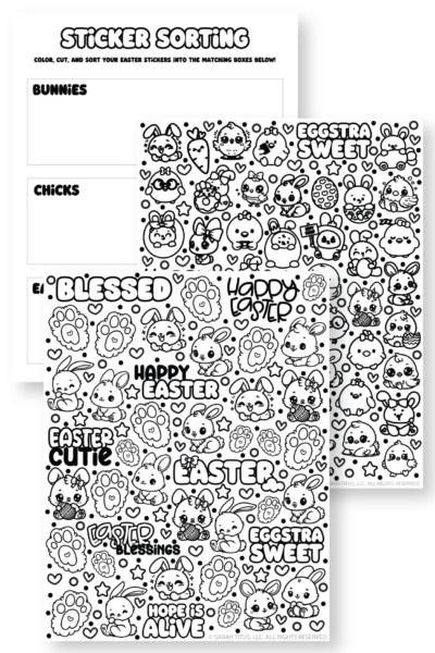 Free printable Easter coloring stickers and sticker sorting worksheet for kids with bunny, chick, and egg themed Easter stickers to color, cut, and sort into matching boxes.