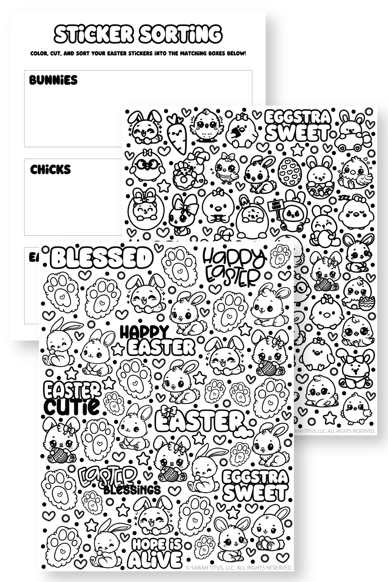 Free printable Easter coloring stickers and sticker sorting worksheet for kids with bunny, chick, and egg themed Easter stickers to color, cut, and sort into matching boxes.