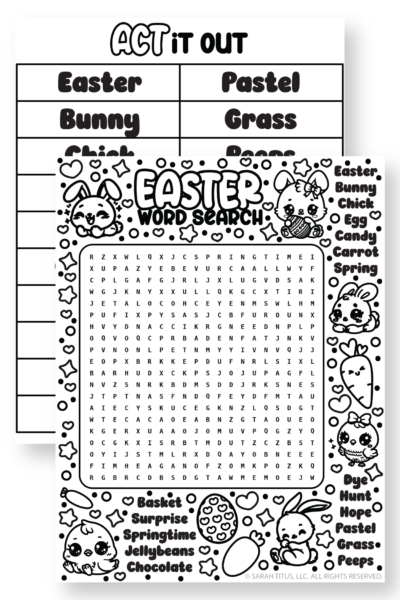 It's a pair of printable Easter activity pages. This includes a word search coloring sheet with cute bunnies and chicks and an "Act It Out" game page.