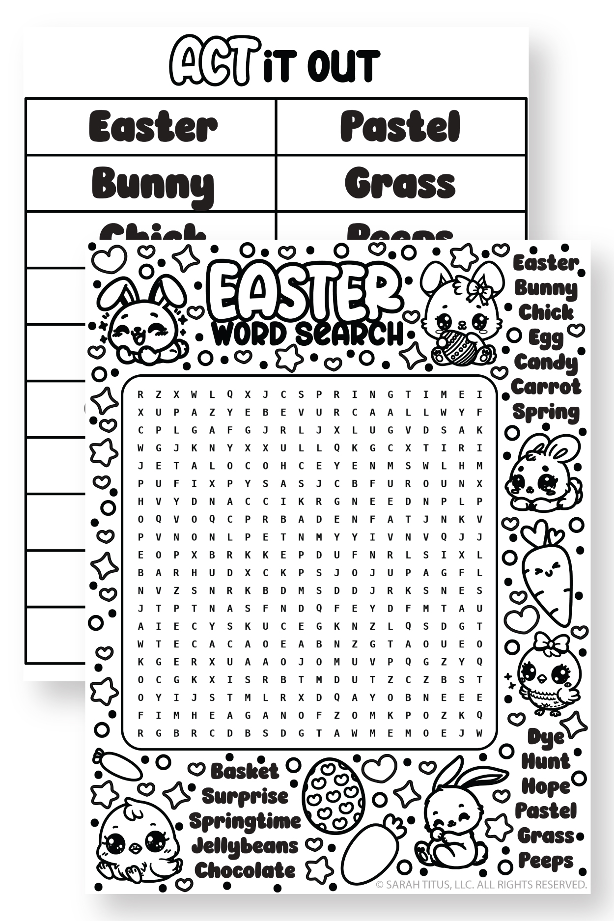 It's a pair of printable Easter activity pages. This includes a word search coloring sheet with cute bunnies and chicks and an "Act It Out" game page.