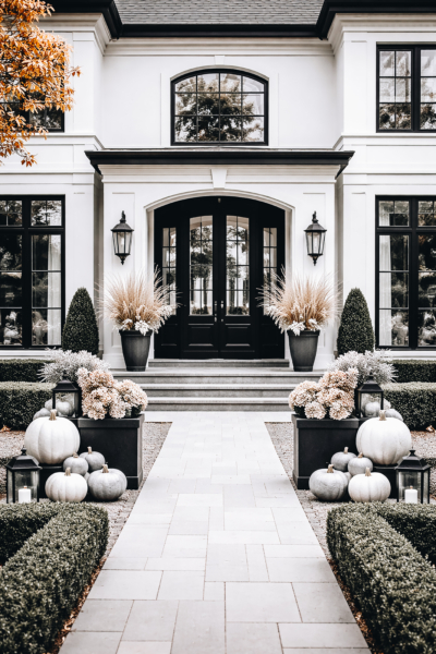 A luxury home entrance decorated for fall with white pumpkins, lanterns, and tall dried grasses.