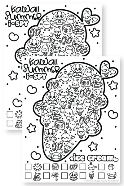 Black and white summer I Spy ice cream printable with kawaii beach icons, perfect for kids summer activities, classroom use, and quiet time fun.