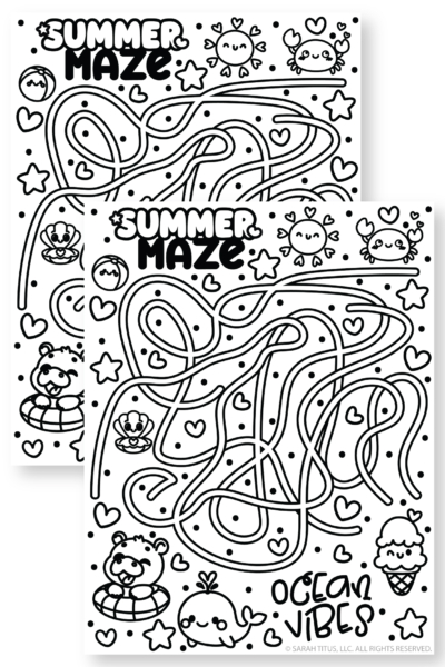 Black and white kawaii summer maze printable featuring ocean animals and beach icons, perfect for kids summer fun and printable activities.