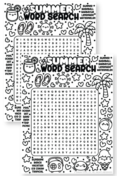 Free summer word search puzzle featuring playful black-and-white illustrations, summer vocabulary list, and a fun printable activity for kids.