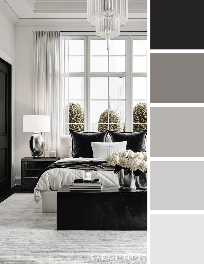 Modern black and white bedroom with tall windows, black bench table, white bedding, silver lamp, and black accent pillows in a gray and silver color palette.