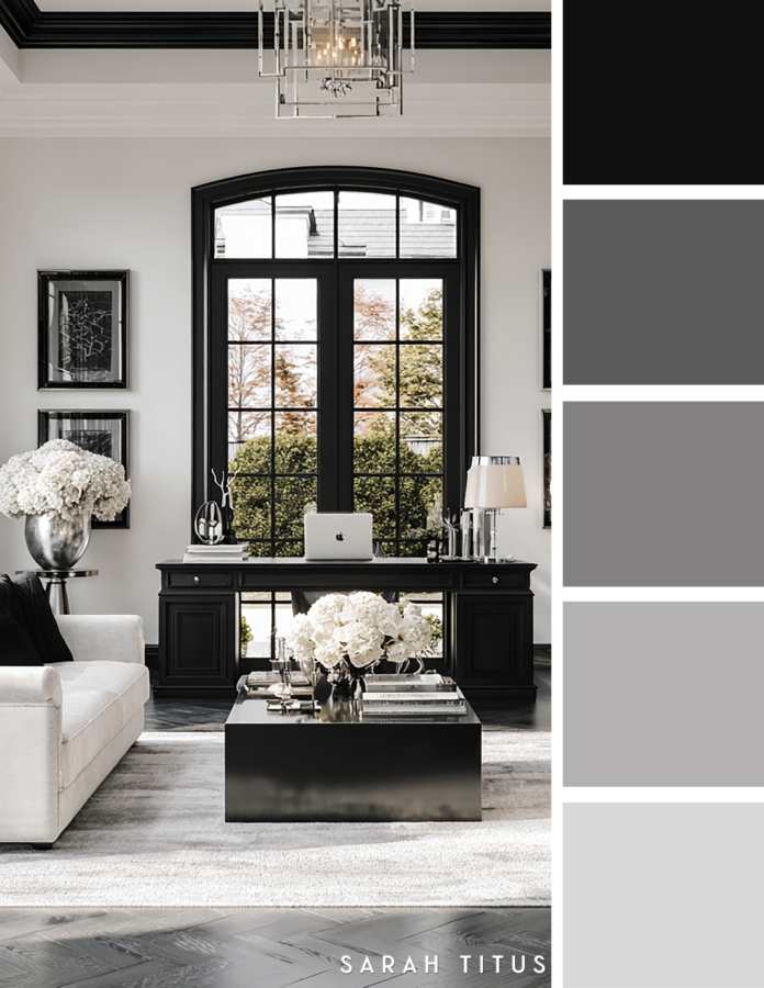 Luxe black and white home office with a black desk, large arched window, white sofa, black coffee table, silver lamp, and white hydrangeas in a gray, black, and silver color palette.