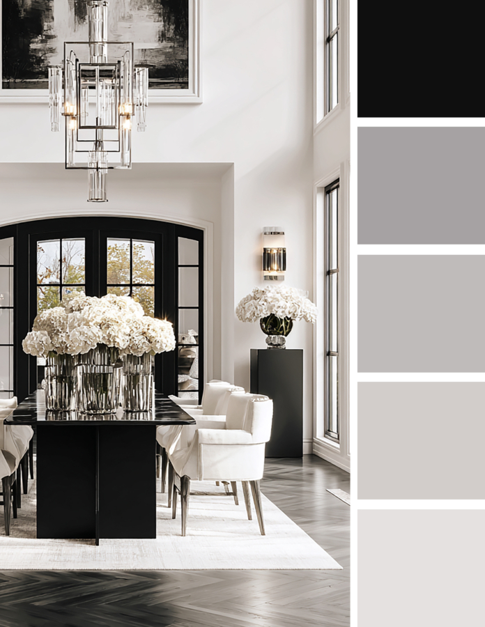 Elegant gray and white dining room with a long black table, cream upholstered chairs, dramatic pendant light, black framed doors, and white hydrangeas in a soft neutral color palette.