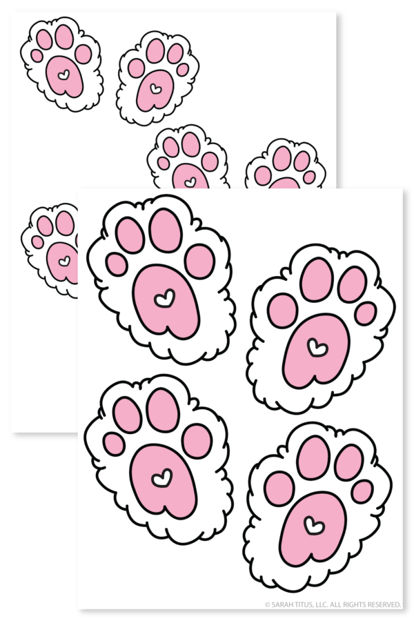 Printable Easter bunny footprint stickers with fluffy white paw shapes, pink pads, and tiny heart details, shown on overlapping sticker sheets.
