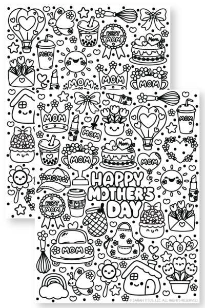 Mother’s Day coloring pages collage featuring Happy Mother’s Day and Hello Mom printable coloring sheets with flowers, hearts, and cute mom-themed doodles.