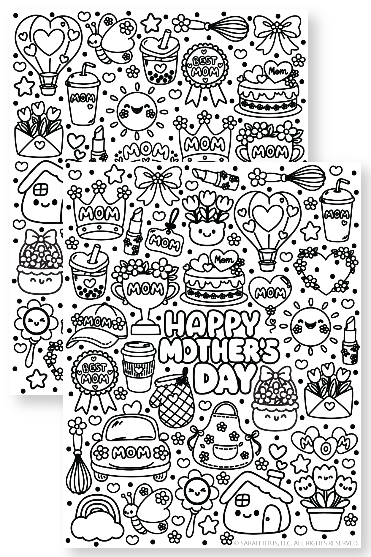 Mother’s Day coloring pages collage featuring Happy Mother’s Day and Hello Mom printable coloring sheets with flowers, hearts, and cute mom-themed doodles.