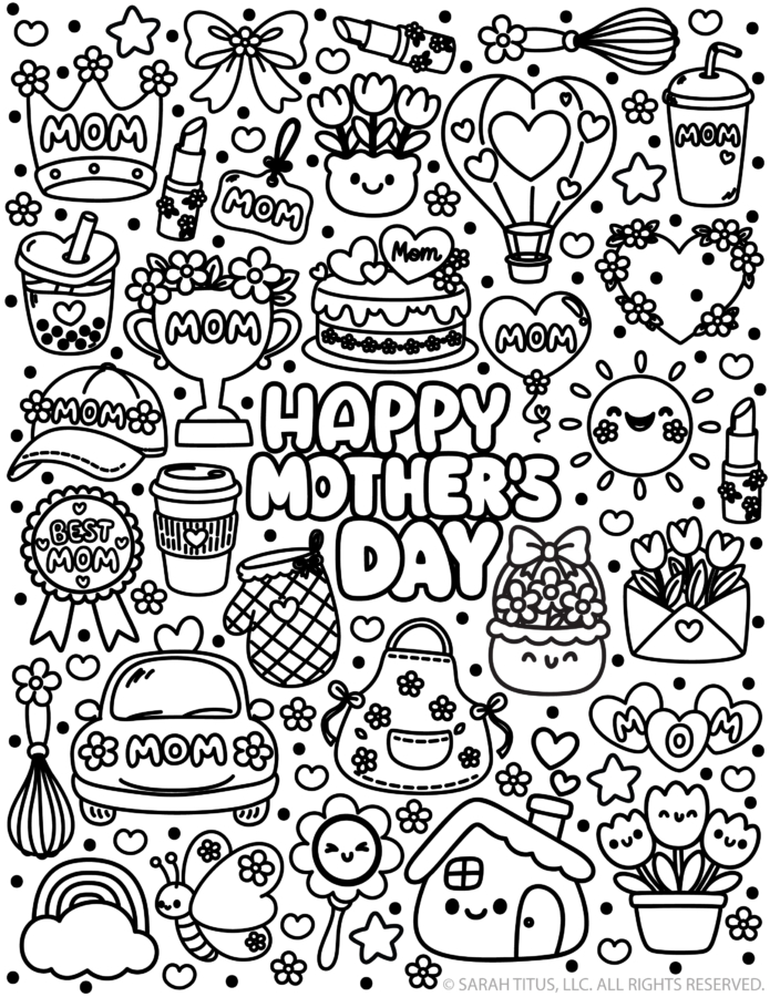 Happy Mother’s Day coloring page with flowers, hearts, cake, coffee cup, and cute mom-themed doodles.