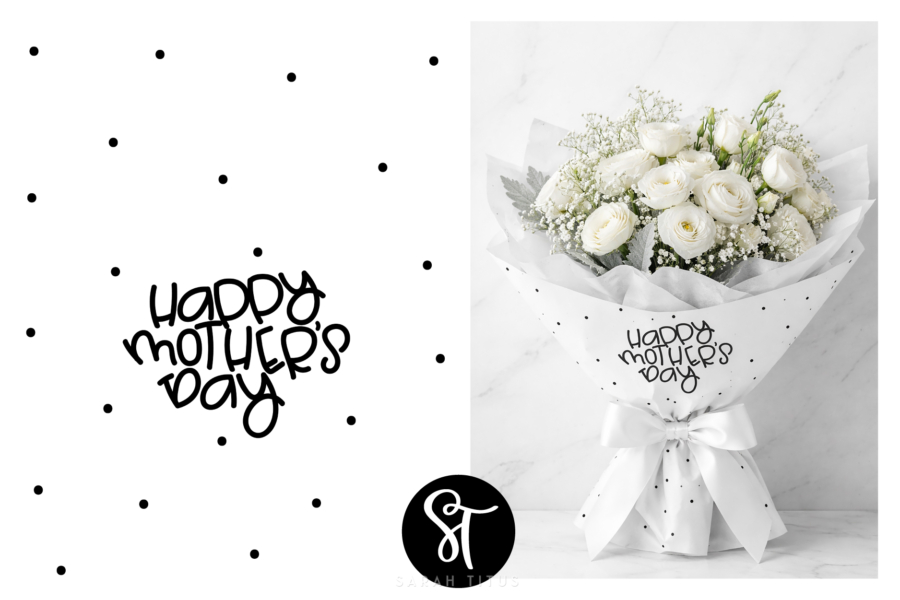 Free printable Happy Mother’s Day dot flower wrapping paper shown beside a white bouquet wrapped in the matching Mother’s Day bouquet paper with a white ribbon.