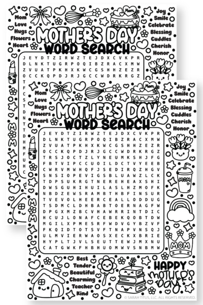 Free printable Mother’s Day word search puzzle for kids with Mother’s Day words and decorations.