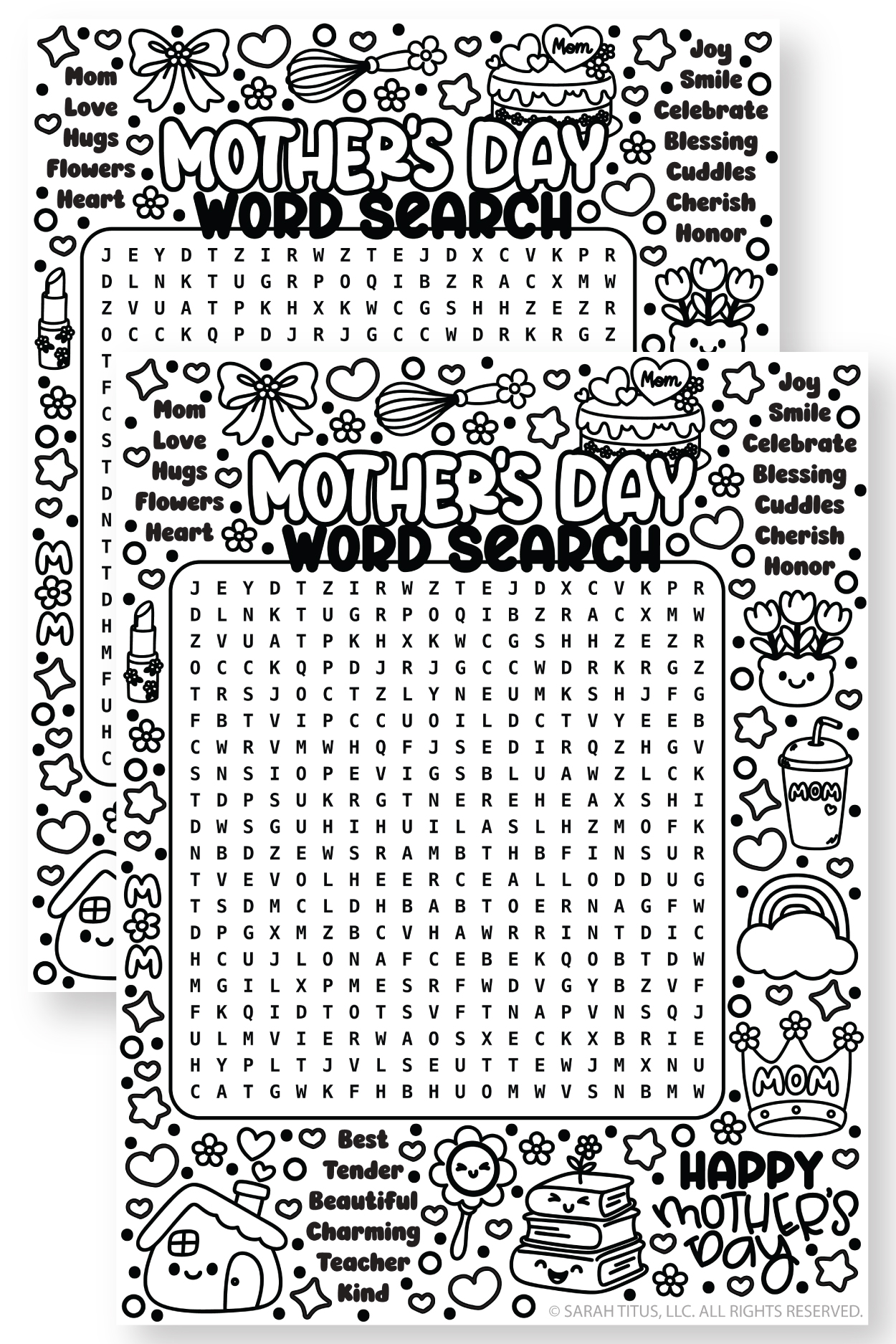 Free printable Mother’s Day word search puzzle for kids with Mother’s Day words and decorations.