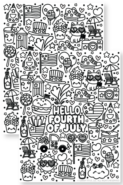 Fourth of July coloring sheet with fireworks, flags, sunglasses, burgers, and festive USA icons.