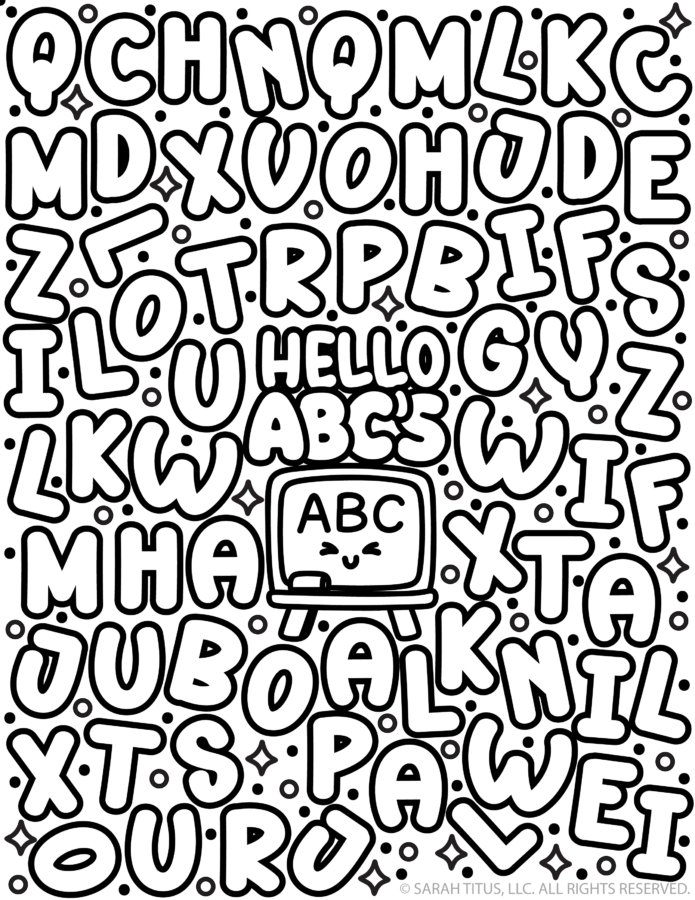 Fun ABC coloring page featuring scattered bubble alphabet letters, “Hello ABCs” text, and a smiling chalkboard with decorative sparkles and dots.