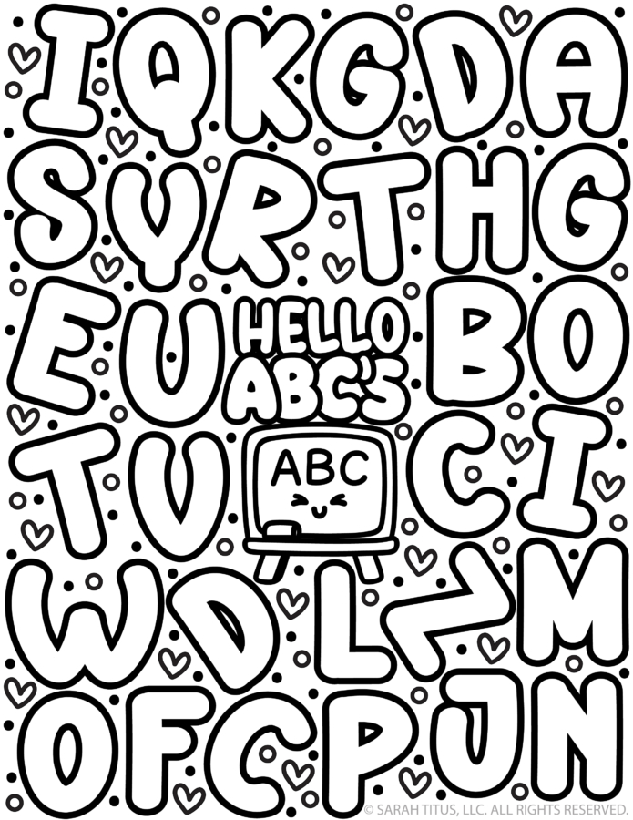 Alphabet coloring page with large bubble letters A–Z, “Hello ABCs” text, and cute classroom board illustration surrounded by hearts and dots.