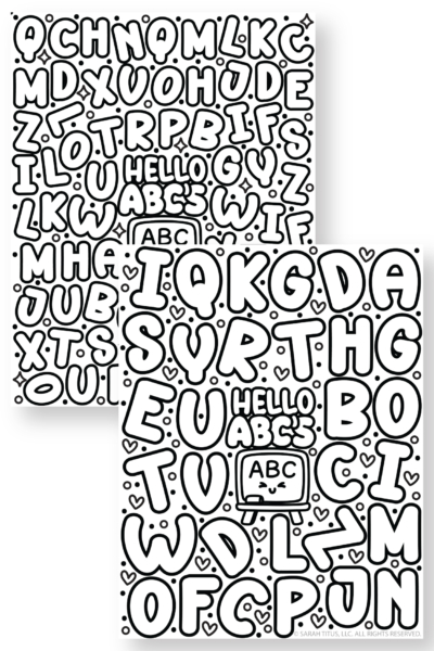 Alphabet coloring pages collage featuring two “Hello ABCs” designs with large bubble letters, playful doodles, and a cute classroom chalkboard illustration for kids.