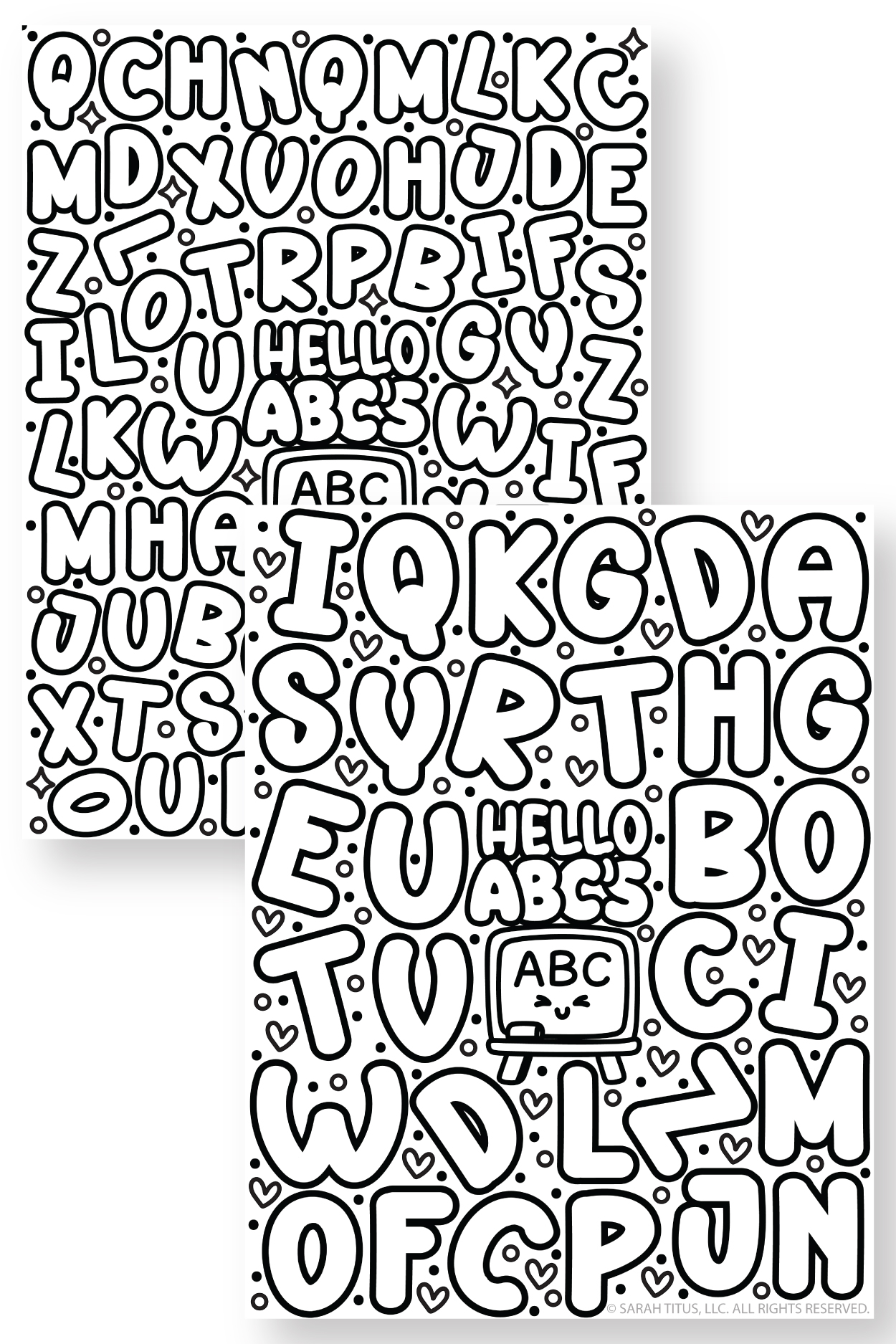 Alphabet coloring pages collage featuring two “Hello ABCs” designs with large bubble letters, playful doodles, and a cute classroom chalkboard illustration for kids.