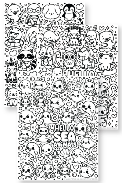 Black and white Hello Animals colorable pages with cute kawaii sea animals, baby animals, forest animals, bubbles, hearts, stars, and doodle-style coloring designs.
