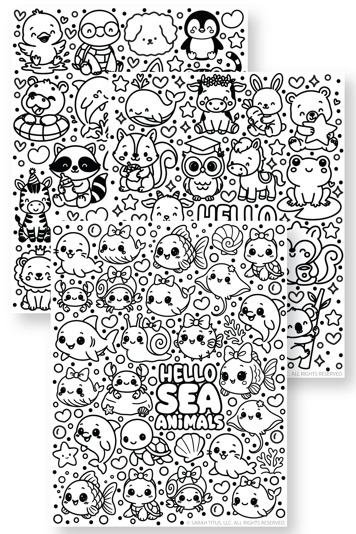 Black and white Hello Animals colorable pages with cute kawaii sea animals, baby animals, forest animals, bubbles, hearts, stars, and doodle-style coloring designs.