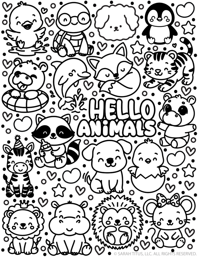 Hello Animals coloring page with cute animals including fox, tiger, dolphin, raccoon, dog, hedgehog, lion, and penguin doodles.