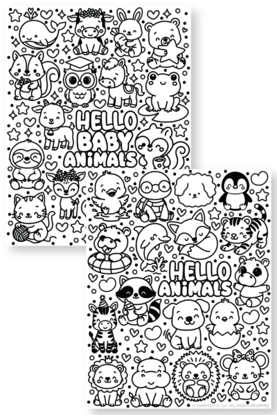 Hello Baby Animals and Hello Animals coloring pages with cute cartoon animals including fox, elephant, bunny, lion, raccoon, penguin, and more doodles for kids to color.