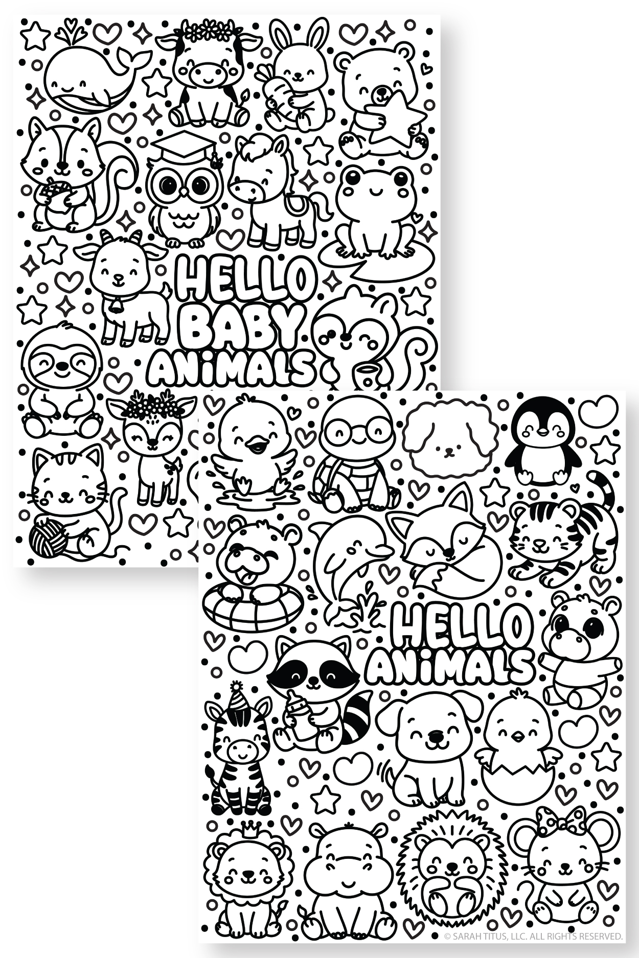 Hello Baby Animals and Hello Animals coloring pages with cute cartoon animals including fox, elephant, bunny, lion, raccoon, penguin, and more doodles for kids to color.