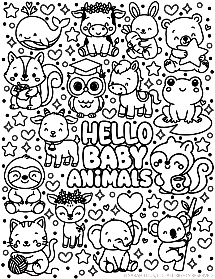 Hello Baby Animals coloring page with cute baby animals including bunny, bear, whale, owl, sloth, elephant, and koala doodles.